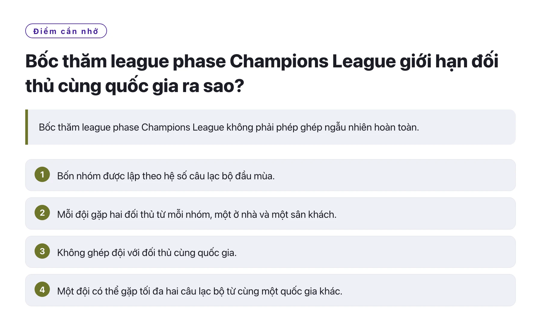 Bốc thăm league phase Champions League giới hạn đối thủ cùng quốc gia ra sao?——全文要点速览